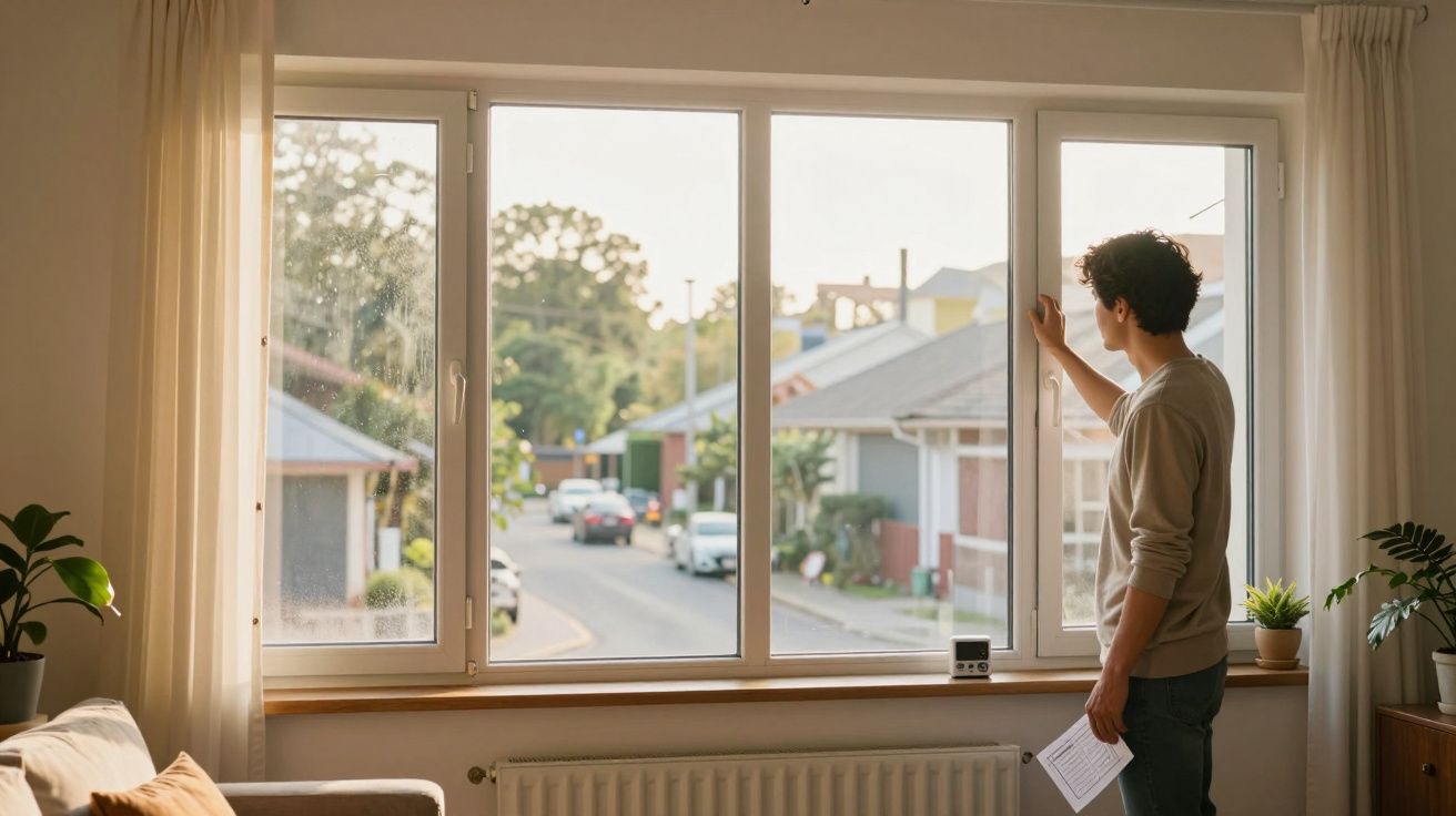 Homem olha pela janela grande de casa segurando papel, com plantas ao redor e vista de rua residencial.