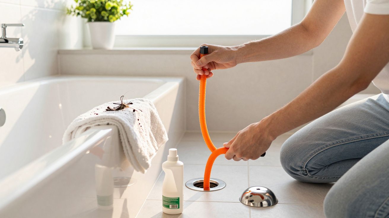 Pessoa usando desentupidor flexível laranja para limpar ralo do banheiro ao lado da banheira branca.