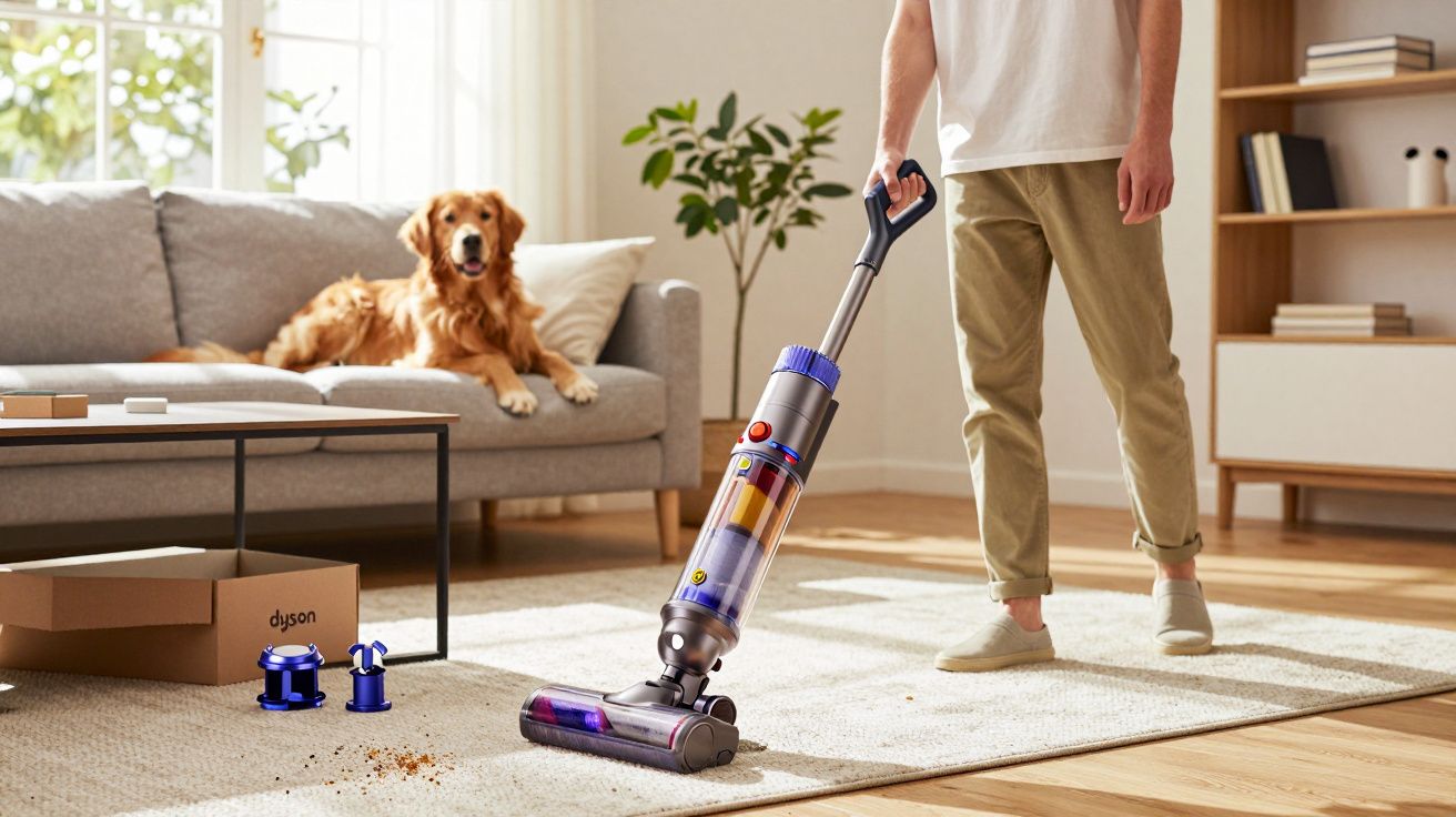 Pessoa usando aspirador vertical para limpar tapete em sala de estar com cachorro no sofá ao fundo.