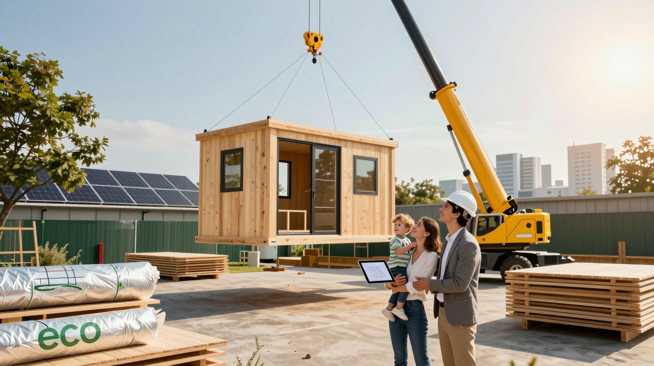 Casa modular de madeira sendo içada por guindaste enquanto família observa em obra sustentável.