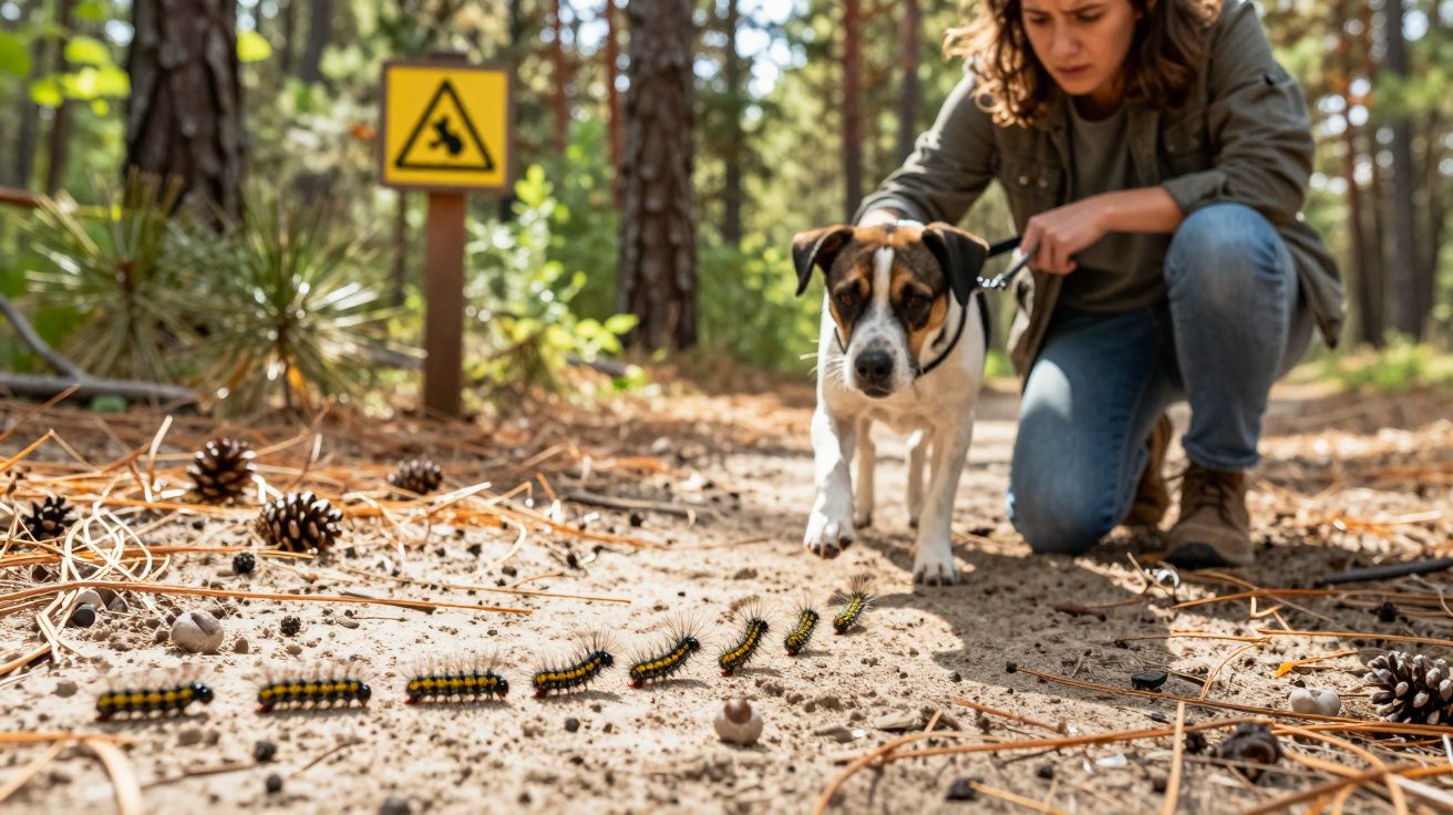 Mulher ajoelhada observa cachorro curioso diante de lagartas em trilha na floresta.