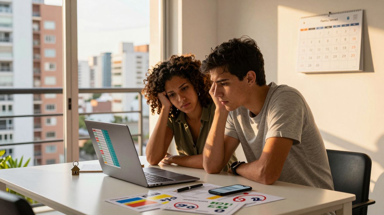 Casal sentado à mesa olhando preocupado para uma planilha de finanças no laptop em ambiente iluminado.