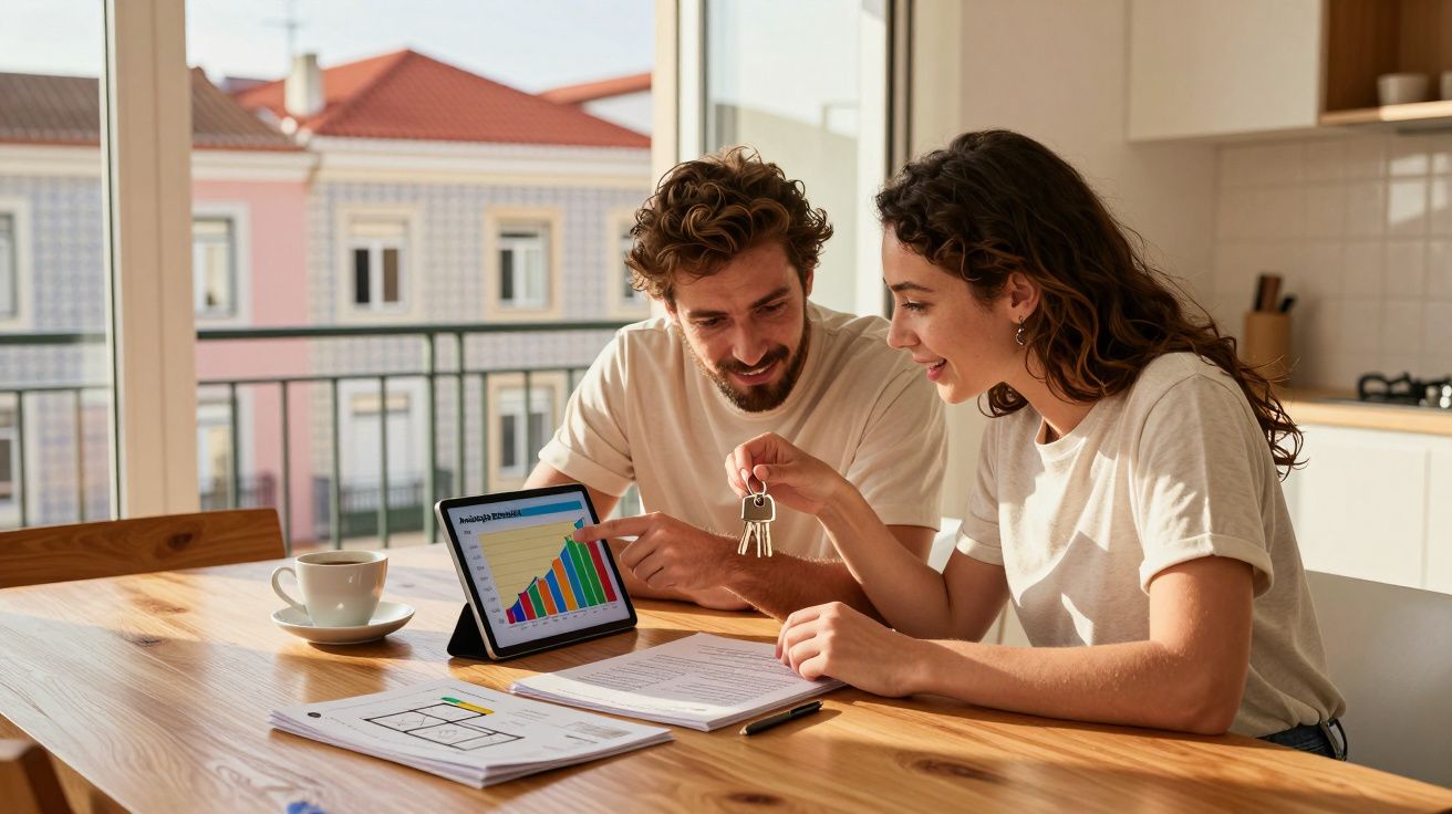 Casal jovem analisando gráfico no tablet e segurando chave na mesa da cozinha iluminada pelo sol.