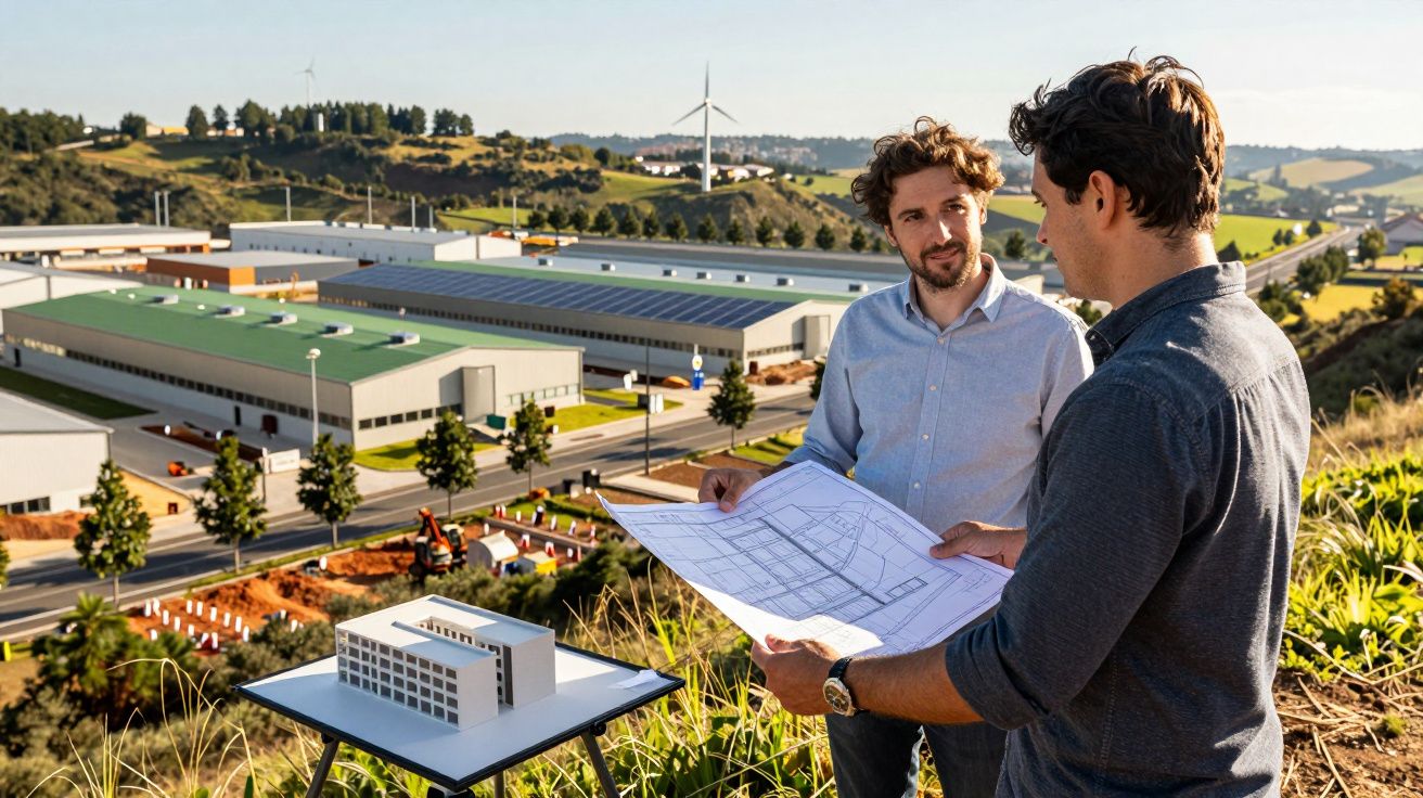 Dois engenheiros analisam projeto arquitetônico em maquete com fábrica e turbina eólica ao fundo.