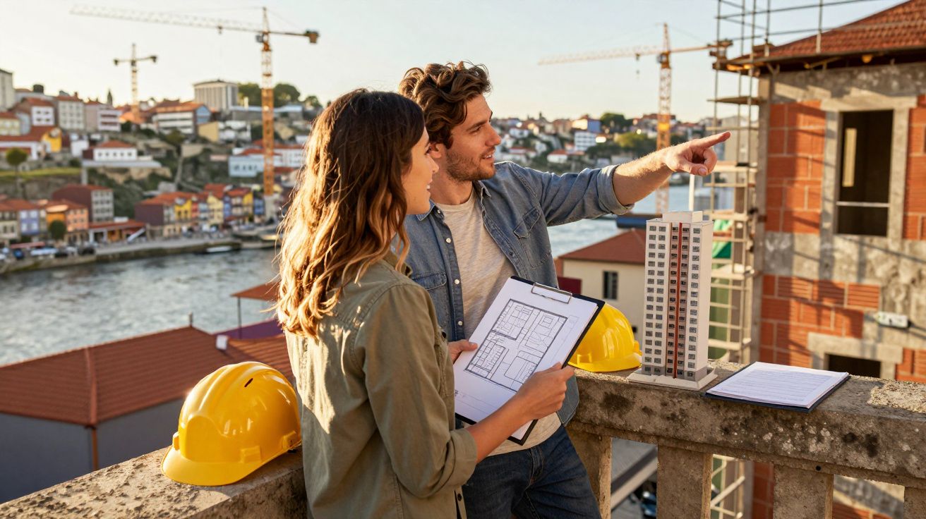 Casal de arquitetos analisa planta e aponta construção em obra com capacetes amarelos ao lado.