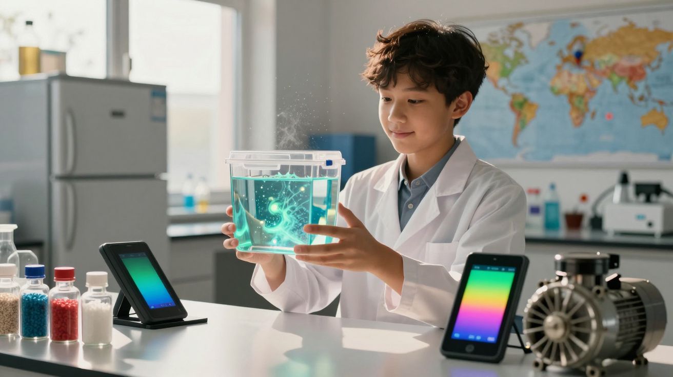 Criança em laboratório segurando recipiente transparente com líquido azul brilhante, vestindo jaleco branco.