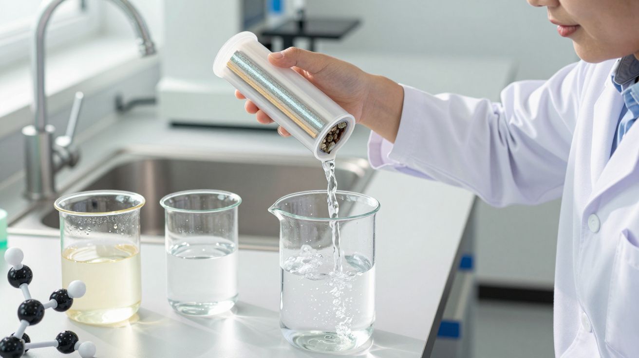 Pessoa despejando líquido de tubo de ensaio em béquer dentro de laboratório químico.