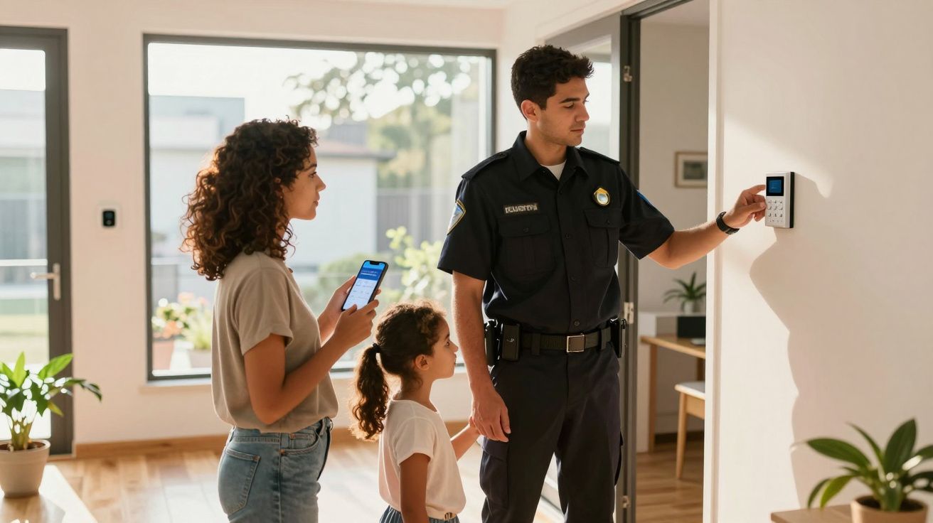 Policial ativando sistema de segurança residencial enquanto mulher e menina observam com celular na mão.