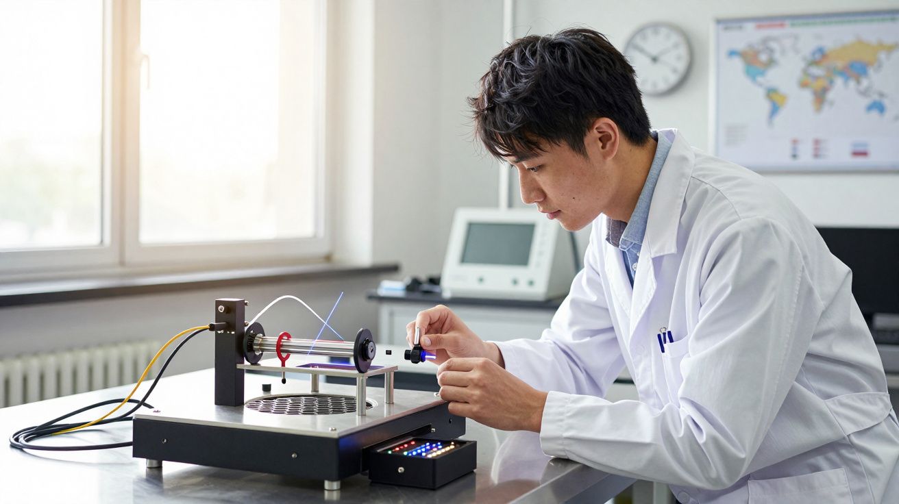 Homem em jaleco branco ajusta equipamento científico em laboratório iluminado pela luz do dia.