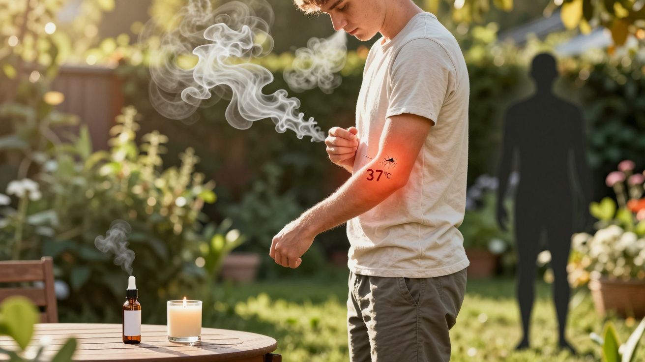 Homem em jardim usando termômetro digital no braço indicando 37°C e olhando para o pulso.