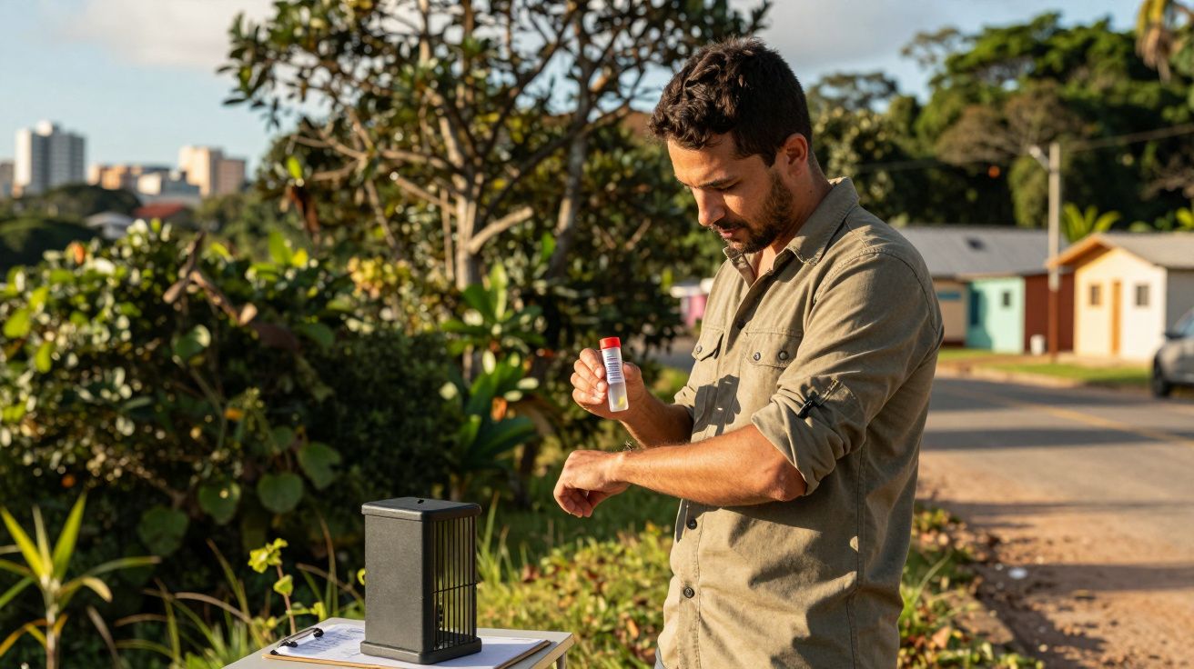 Homem aplicando repelente no braço ao ar livre próximo a equipamentos científicos em área verde.