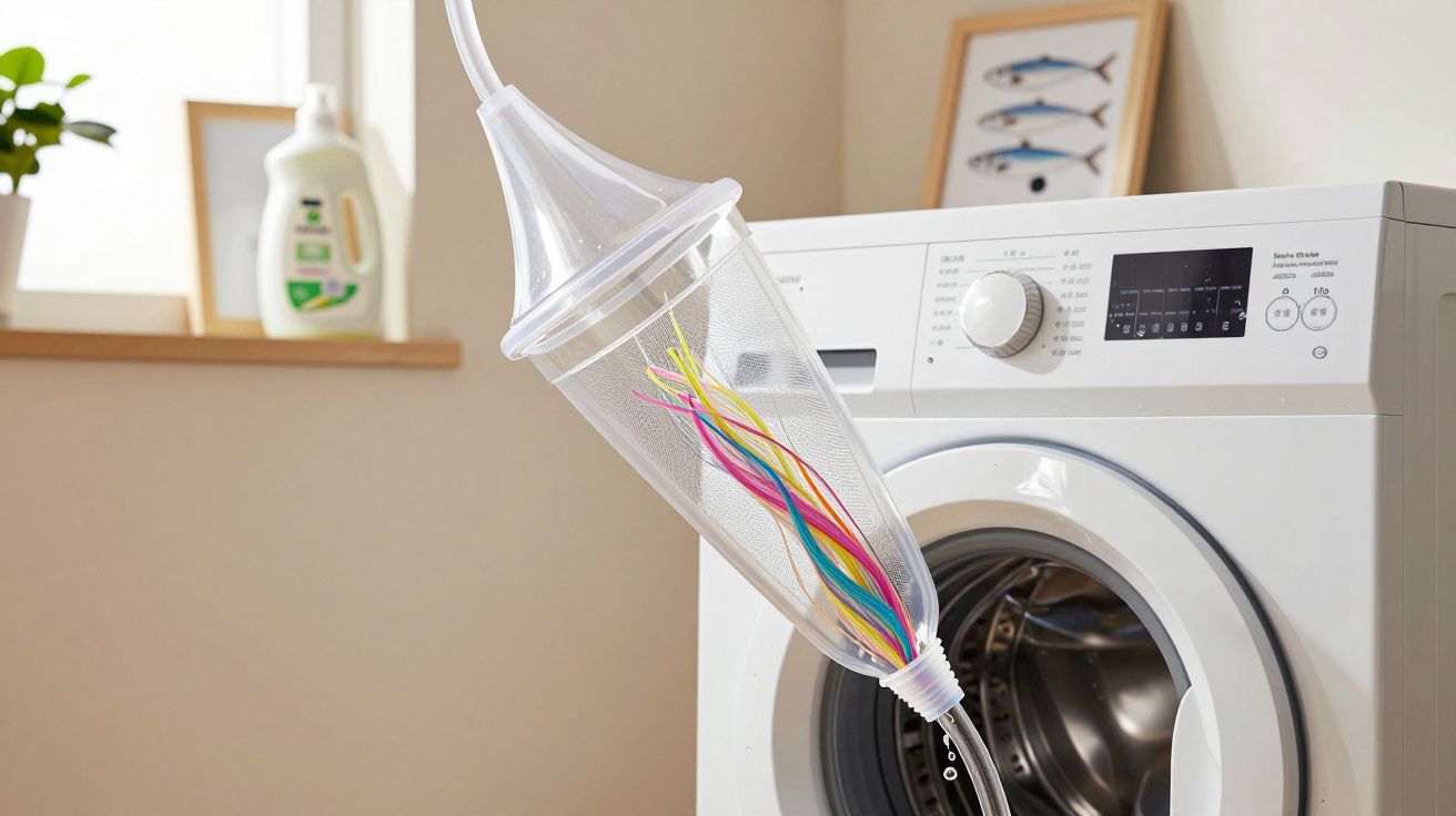 Lavadora branca com filtro plástico coletor de fiapos coloridos pendurado na porta aberta.