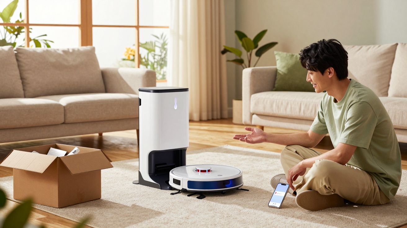 Homem sentado no chão da sala com aspirador robô branco em frente, controlando-o pelo celular.