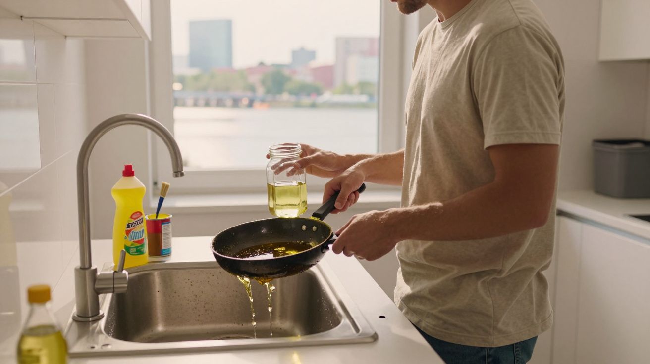 Homem esvaziando óleo de fritura da frigideira na pia da cozinha com janela ao fundo.