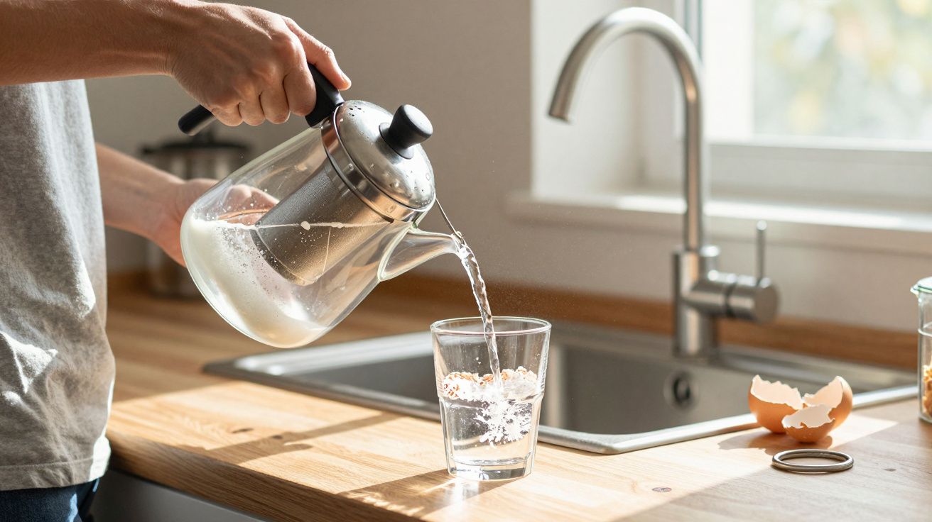 Pessoa despejando água de um bule de vidro em um copo na cozinha, com pia e casca de ovo ao fundo.