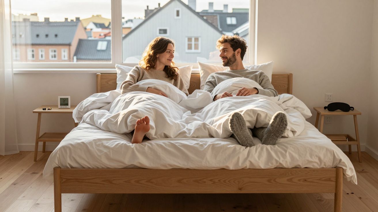 Casal sorrindo e conversando deitado na cama cobertos por edredom branco em quarto iluminado.