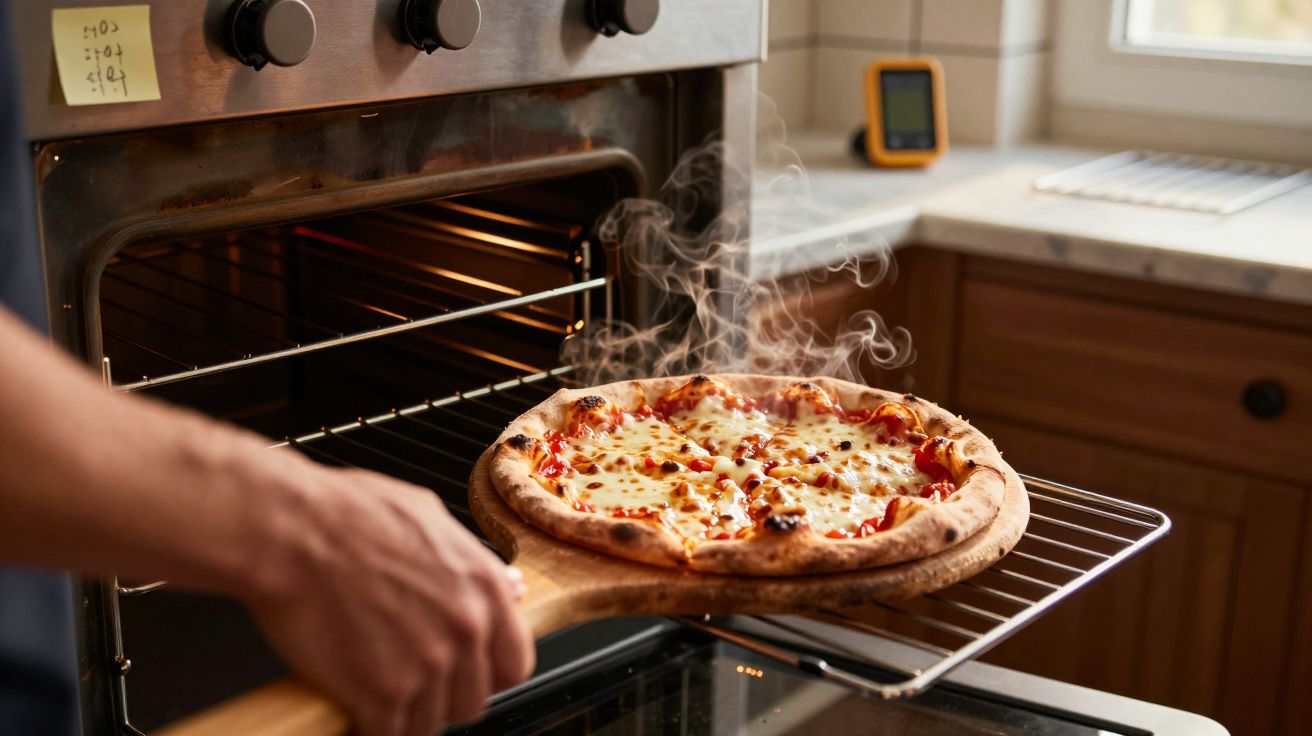 Mão retirando pizza quente e fumegante de forno elétrico em cozinha com bancada de mármore.