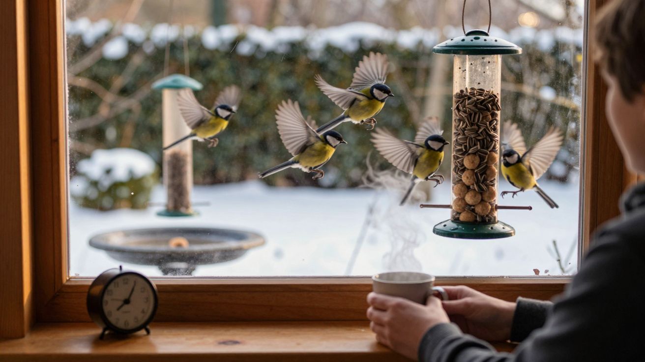 Pessoa segura caneca com vapor perto de janela com cinco pássaros voando em comedouro de sementes no inverno.