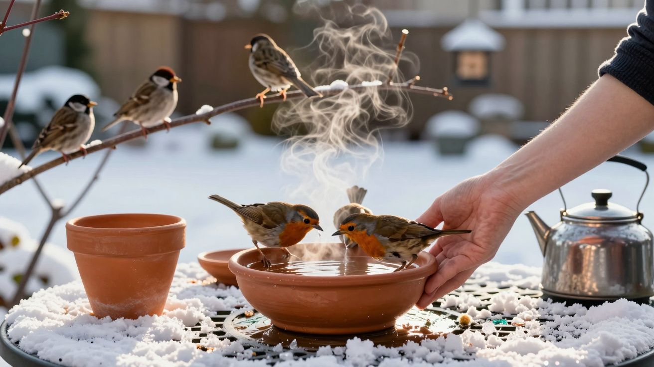 Pássaros se aquecendo em banho quente ao ar livre, em mesa com neve e bule de chá ao fundo.