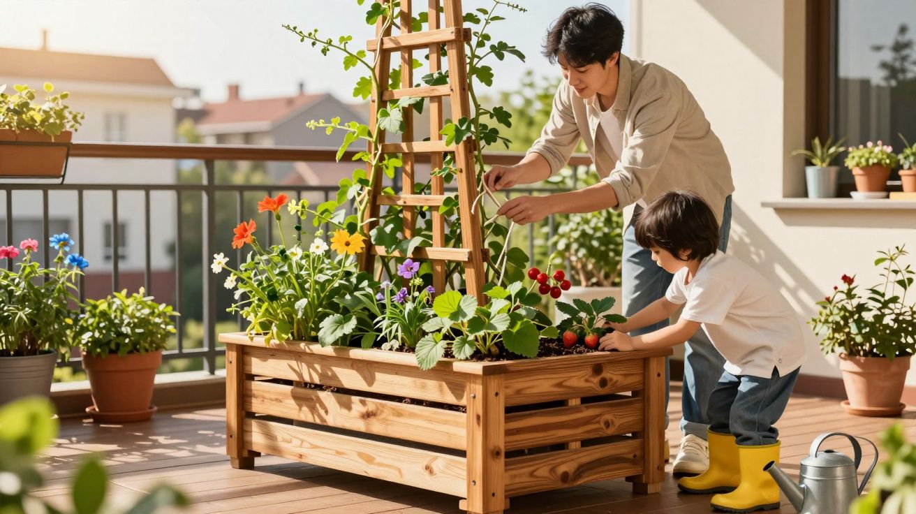 Adulto e criança cuidam de plantas floridas em jardim elevado de madeira em varanda ensolarada.