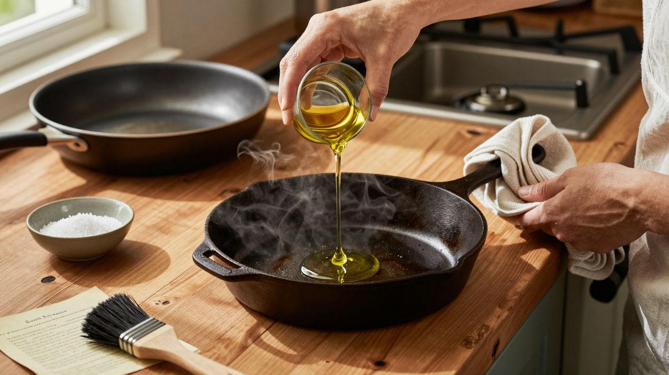 Mão derramando azeite em frigideira de ferro quente sobre bancada de madeira na cozinha.