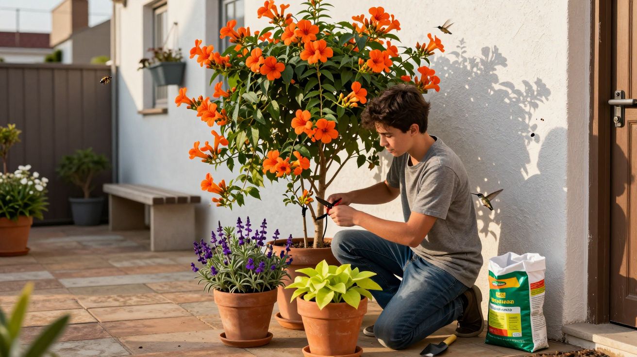 Jovem cuidando de plantas em vasos com flores laranjas e roxas num jardim externo ensolarado.