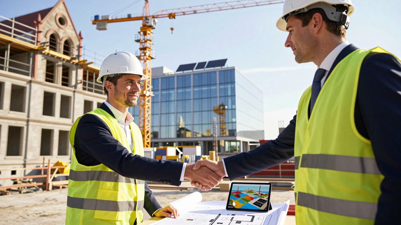 Dois engenheiros com capacetes e coletes refletores apertam as mãos em canteiro de obras.
