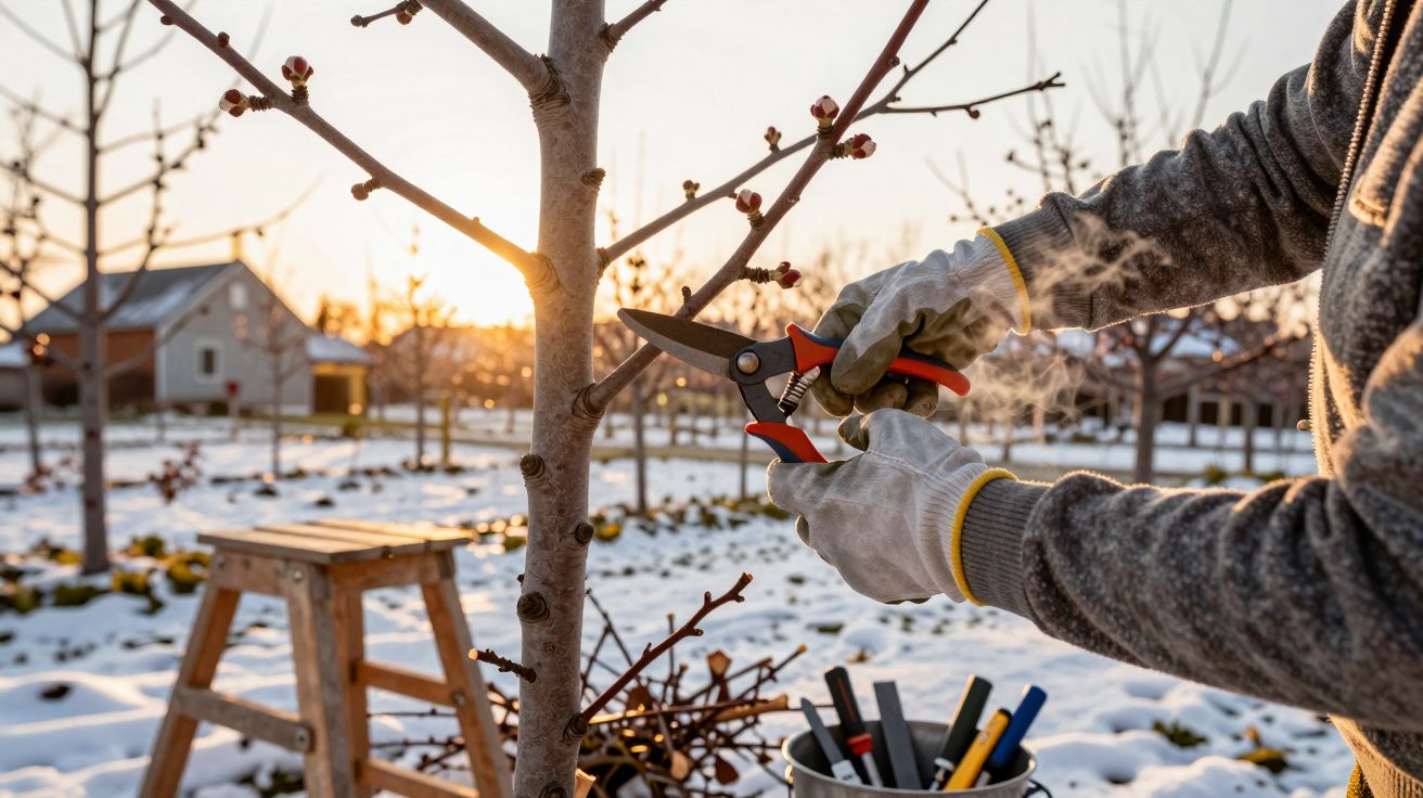 Pessoa podando galho de árvore com tesoura de poda em jardim com neve ao pôr do sol.