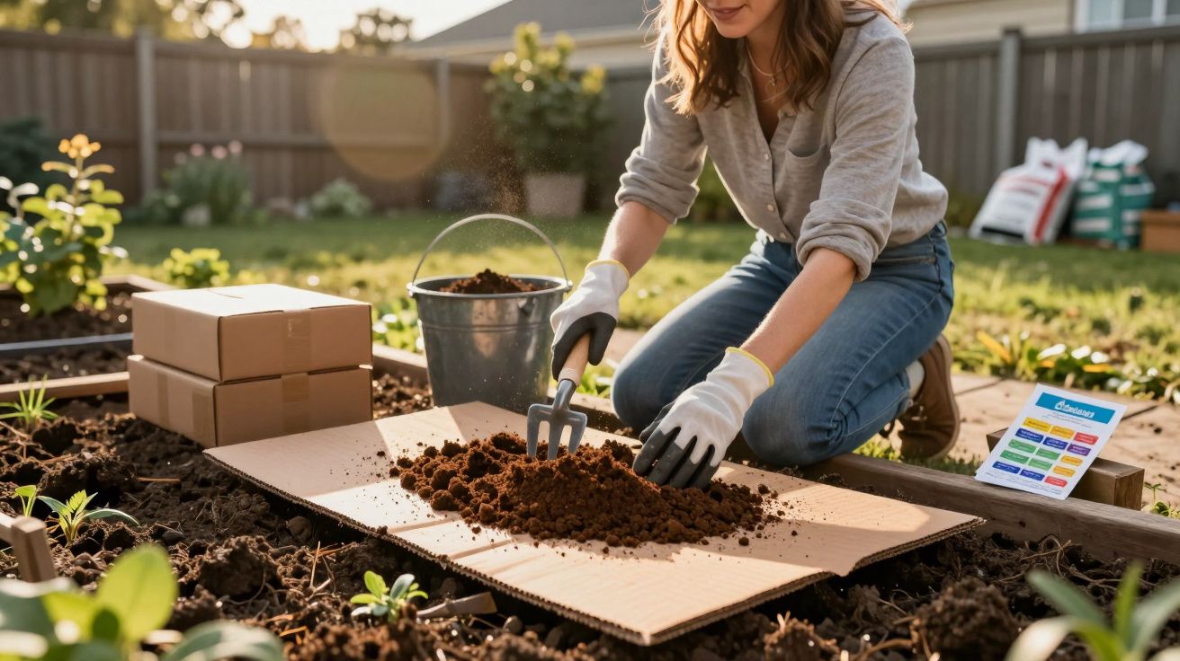 Mulher com luvas mexendo terra em canteiro de jardim ensolarado ao ar livre.