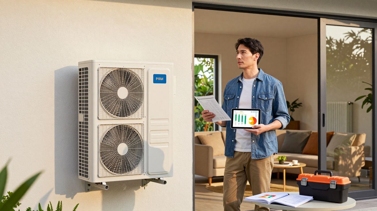 Homem inspecionando aparelho de ar-condicionado externo com documentos e tablet na mão.