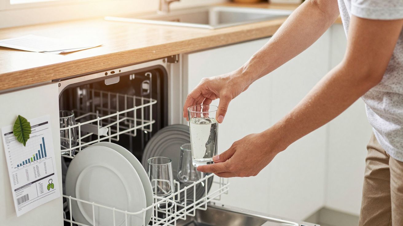 Pessoa tirando copo de vidro limpo da lava-louças em cozinha com bancada de madeira clara.
