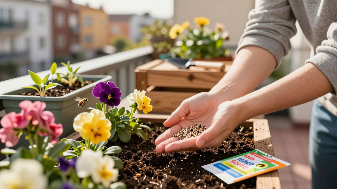 Pessoa plantando sementes em jardineira com flores coloridas ao ar livre em dia ensolarado