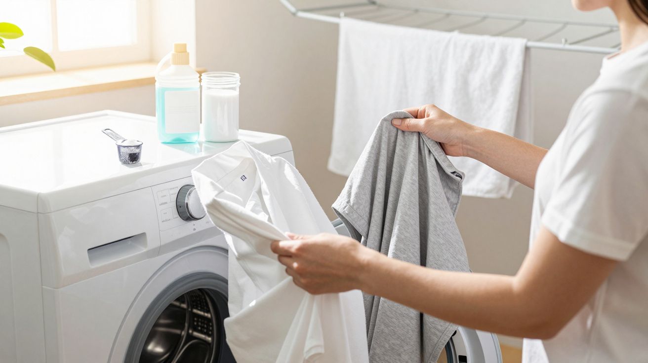 Pessoa carregando roupas brancas e cinzas para dentro de máquina de lavar roupa em ambiente iluminado.