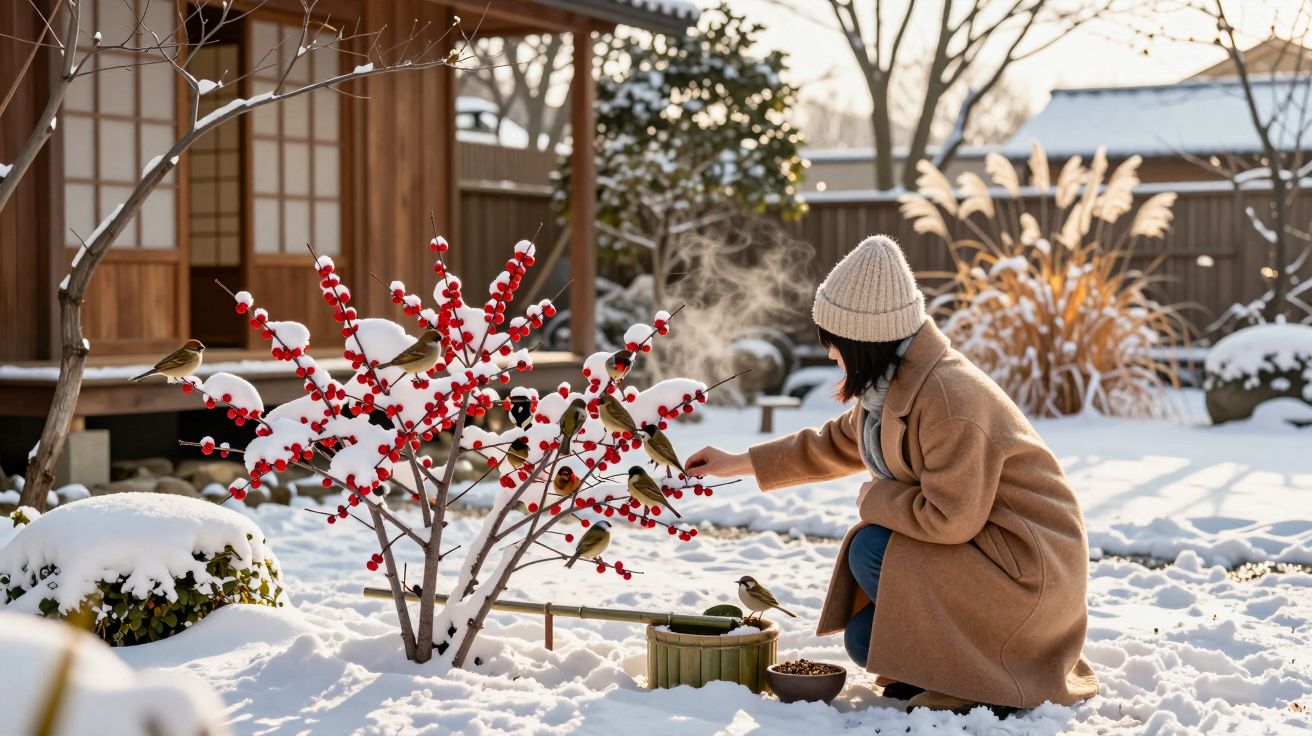 Mulher agachada alimentando pássaros em arbusto com bagas vermelhas na neve em jardim japonês.