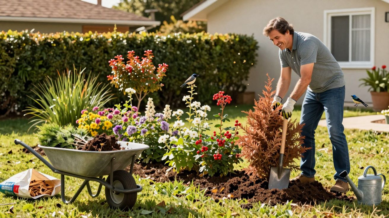 Homem sorrindo planta arbusto seco em jardim com flores, regador, carrinho e pá em dia ensolarado.