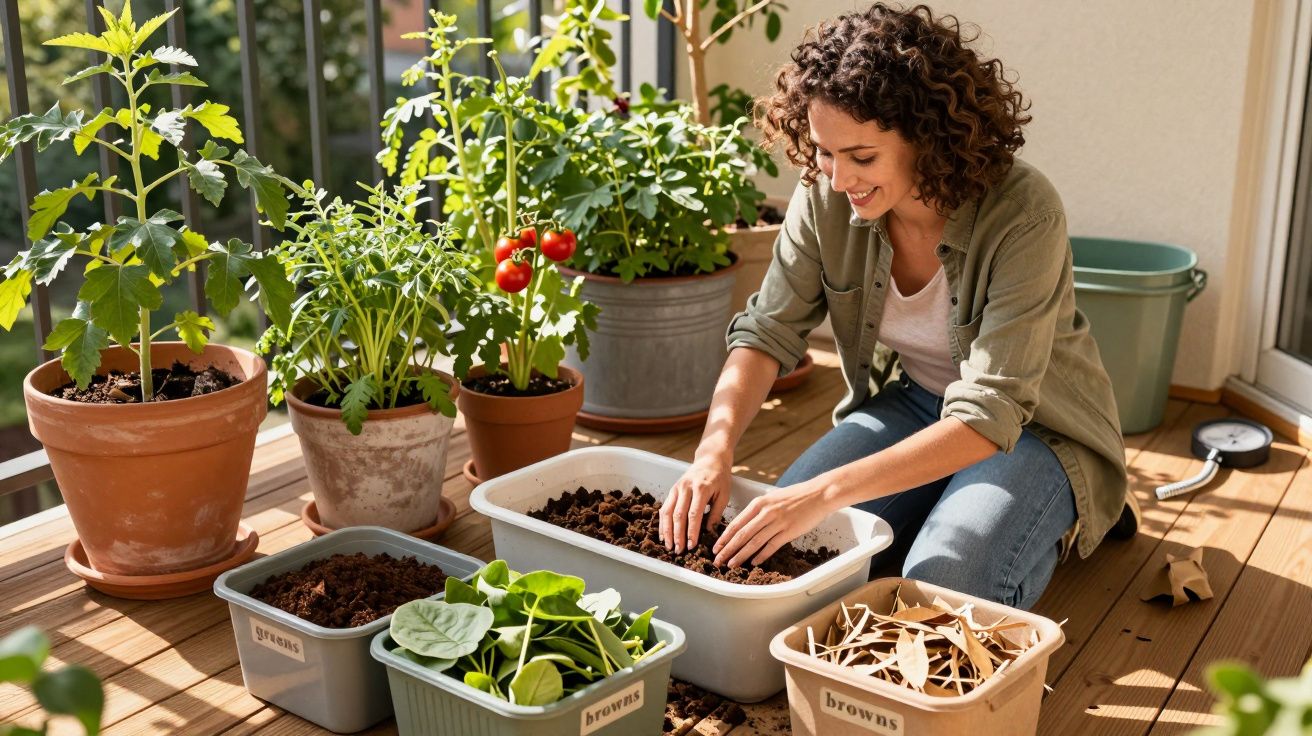 Mulher sorridente plantando mudas em vasos na varanda com diversas plantas ao redor.