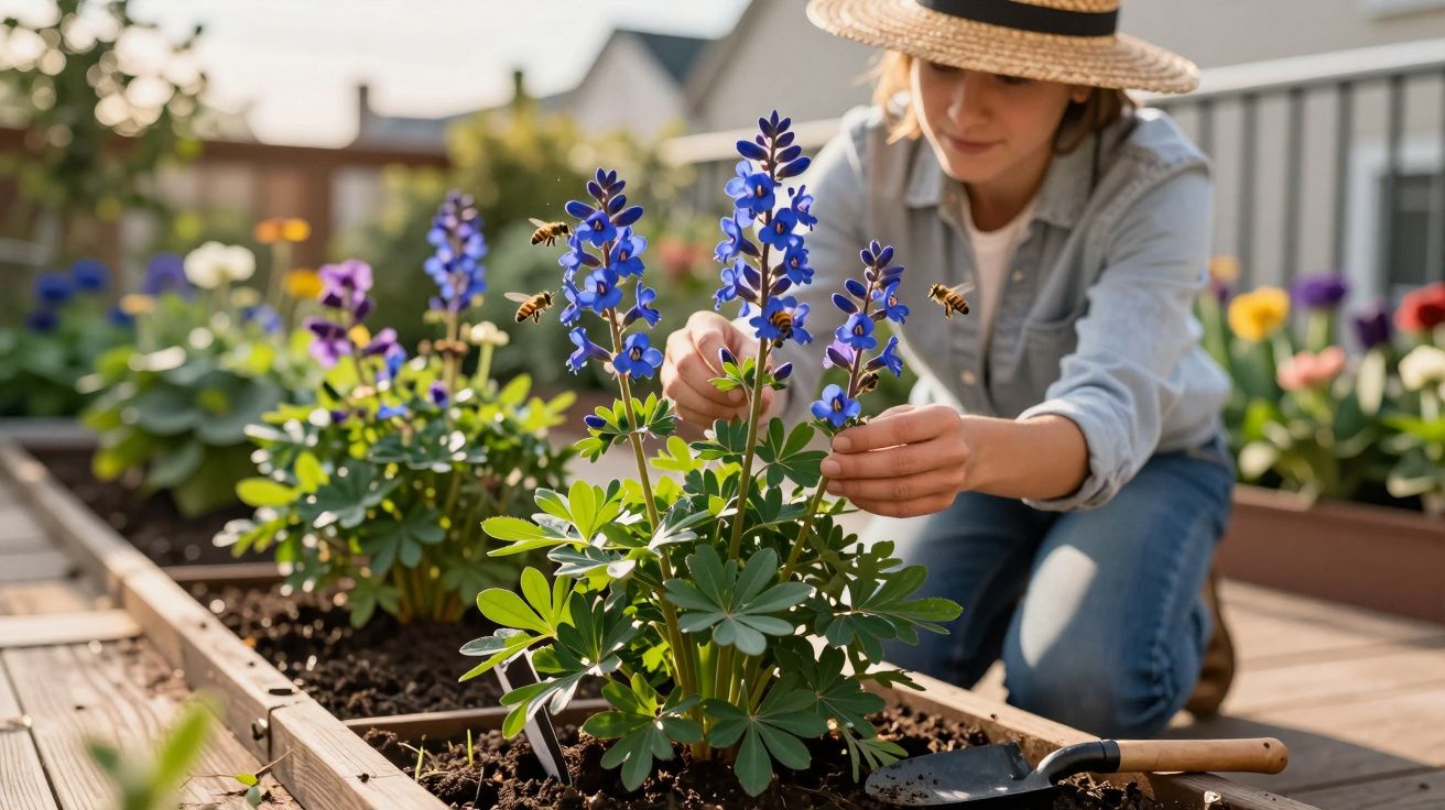 Mulher com chapéu cuidando de flores azuis em canteiro, com abelhas ao redor, em jardim ensolarado.