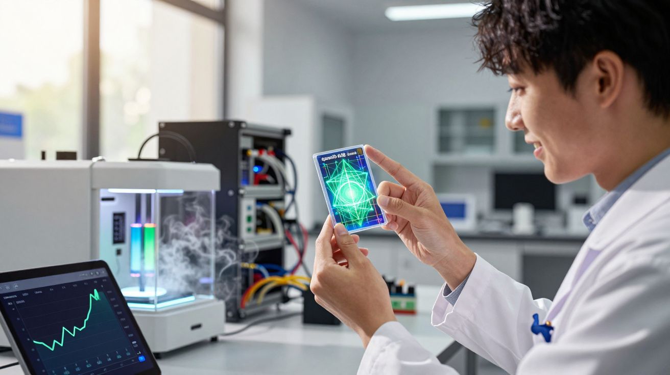 Cientista em laboratório segurando dispositivo transparente com gráficos holográficos e equipamentos tecnológicos ao fundo.