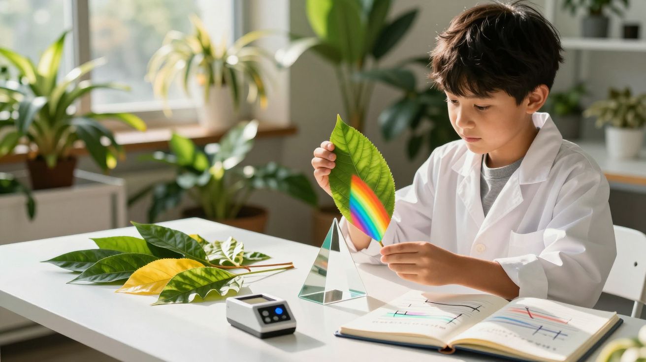 Menino em jaleco branco observa a dispersão da luz em uma folha verde usando prisma em mesa com livros e folhas.