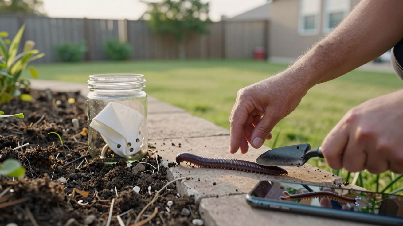 Mãos segurando pá próxima a centopeia em um jardim, com pote de vidro e celular ao lado.