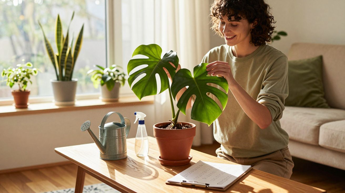 Mulher sorridente cuidando de planta Monstera em vaso na sala com regador e borrifador na mesa.