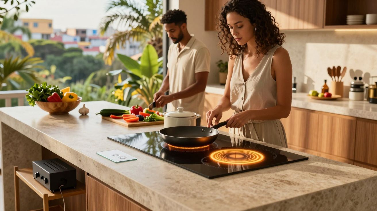 Casal cozinhando juntos em cozinha moderna com fogão elétrico e vegetais frescos na bancada.