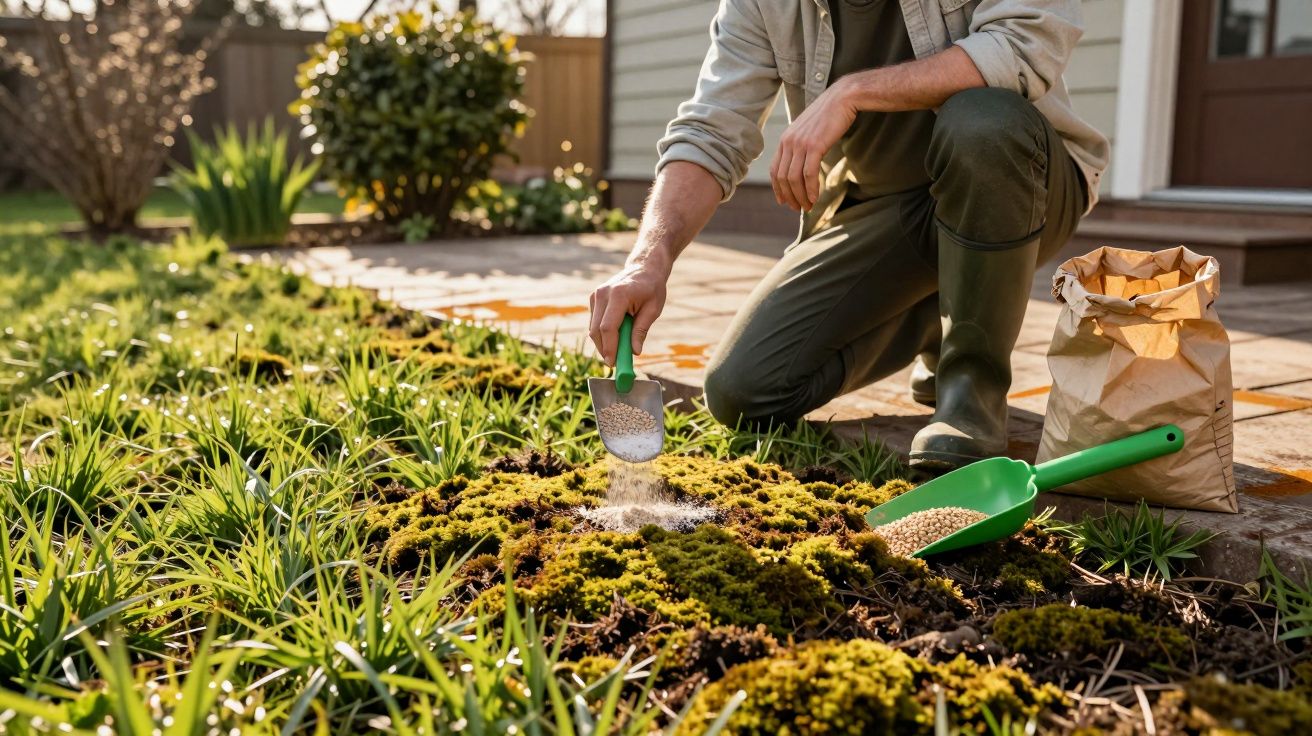 Pessoa sem rosto aplicada fertilizante em plantas de jardim ao ar livre em dia ensolarado.