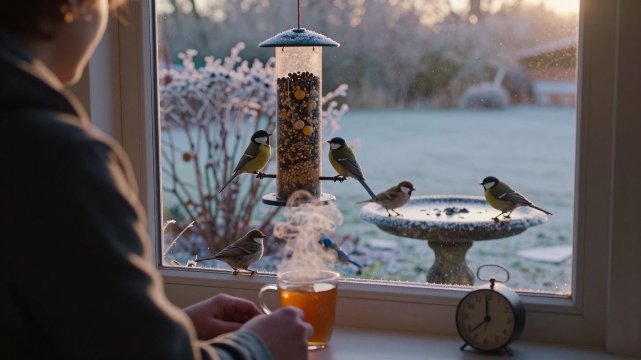 Pessoa observa pássaros em comedouro e bebedouro ao lado de uma xícara de chá quente e relógio na janela.