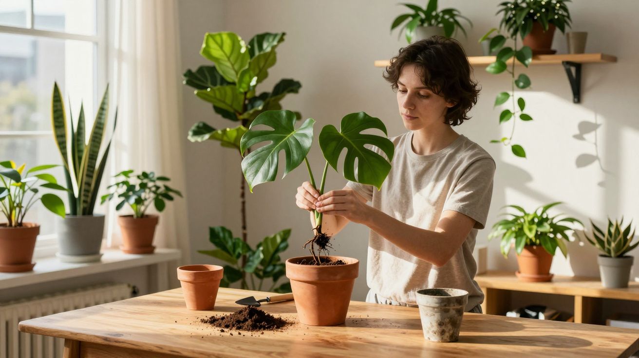 Pessoa plantando muda de costela-de-adão em vaso dentro de casa iluminada com plantas ao fundo.