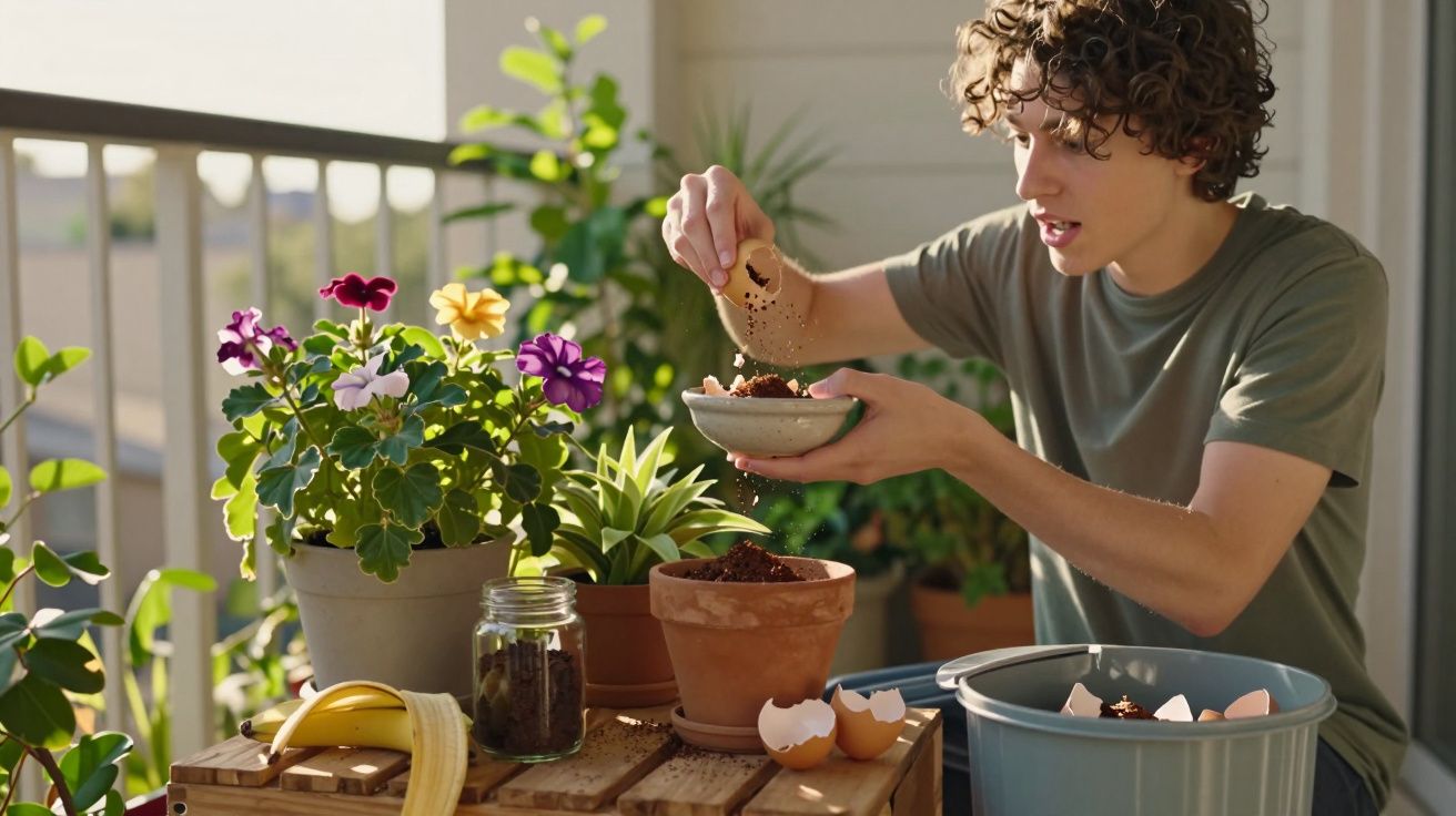 Jovem plantando mudas com terra e cascas de ovos em varanda ensolarada com várias plantas.