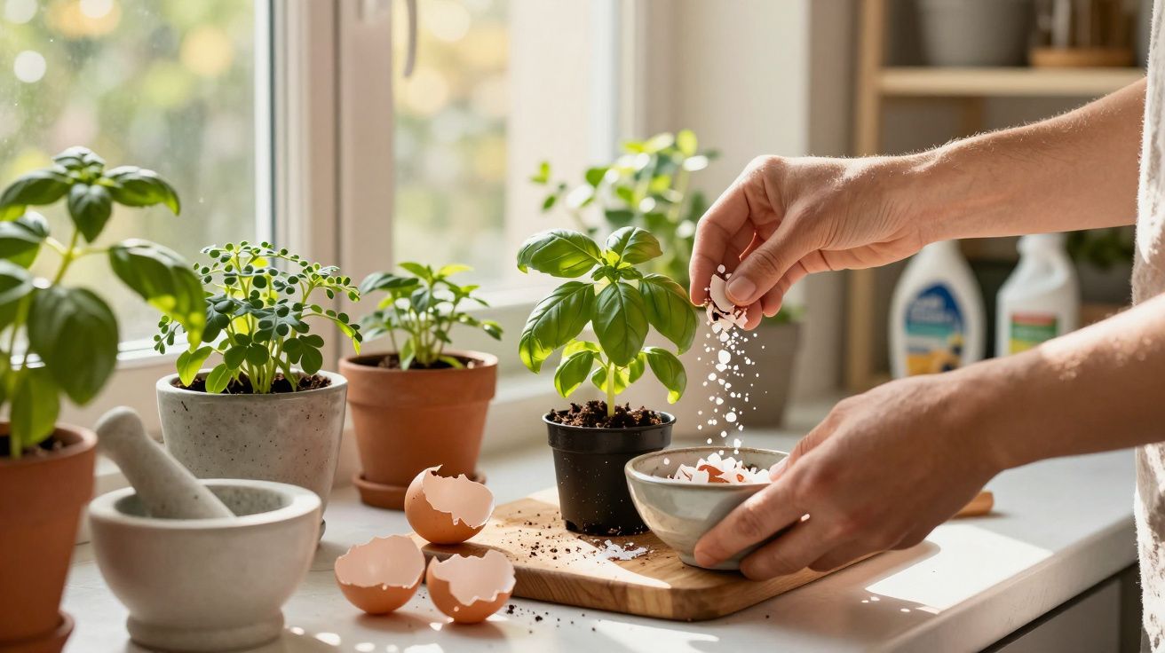 Mãos adicionam cascas de ovos trituradas a vaso com planta em janela iluminada, cercado por outras plantas.