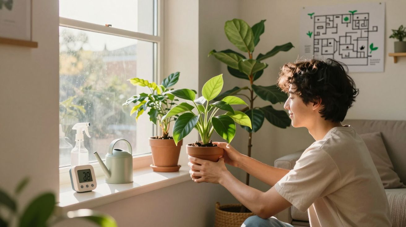 Pessoa segurando vaso com planta perto de janela com outras plantas e regador em ambiente interno iluminado.