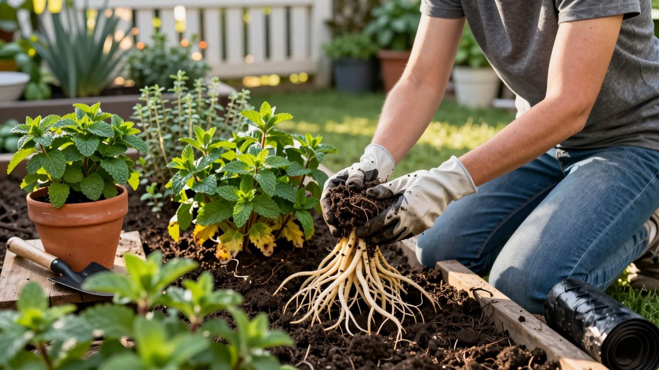 Pessoa retirando planta com raízes expostas do canteiro de jardim em área externa.