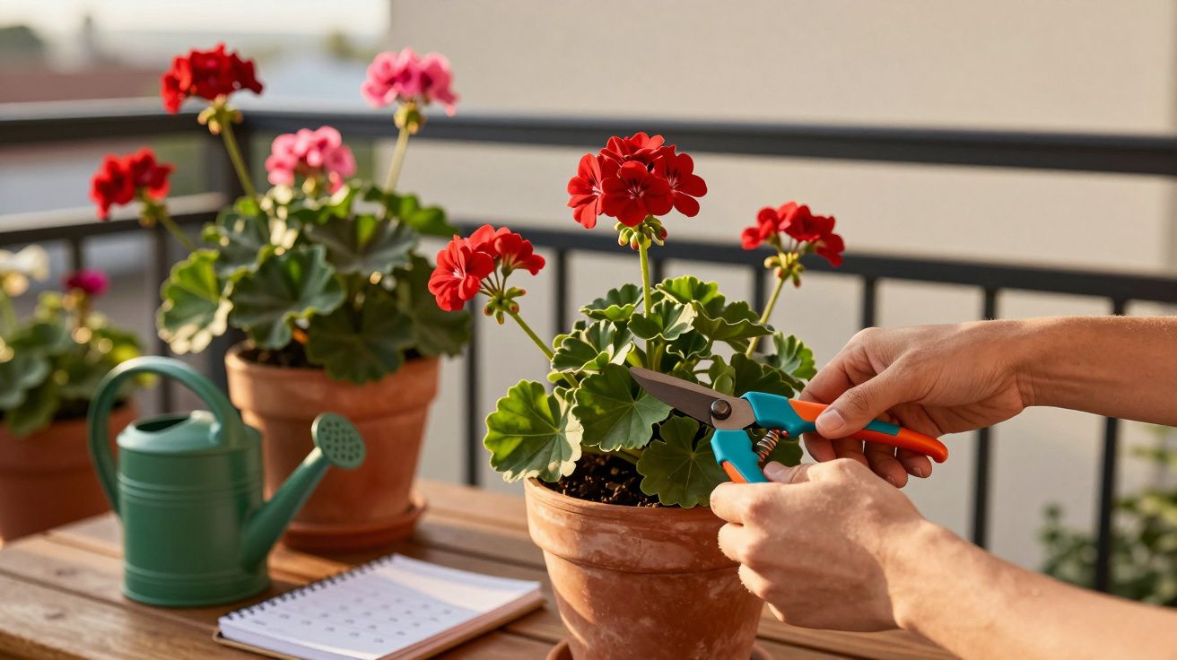 Pessoa podando flores vermelhas de gerânio em vaso de barro no terraço com regador e caderno.